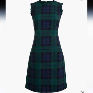 J. Crew Black Watch Navy And Green Plaid Ruffle-Neck Suiting Dress